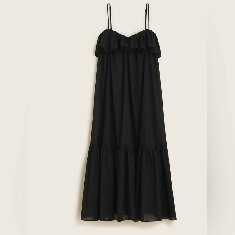 J. Crew Black Ruffle-Tiered Maxi Dress with Spaghetti Straps